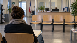 Salle d’attente d’un service public, un adulte de dos assis avec un dossier sur les genoux devant des chaises vides.