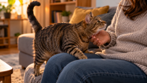 Un chat tigré monte de lui-même sur les genoux d’une personne assise dans un canapé, la main ouverte posée à côté de lui