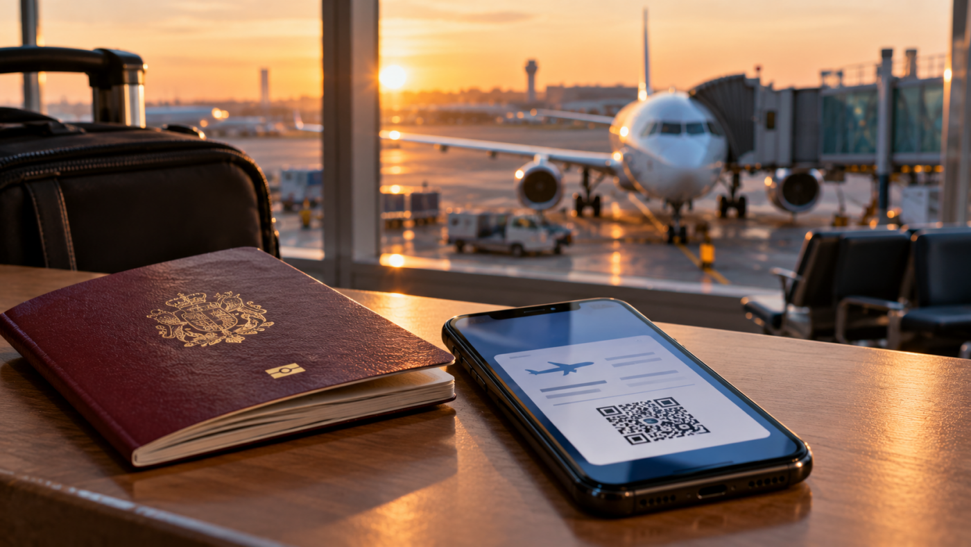 Un passeport posé à côté d’un téléphone sur une table d’aéroport, devant une baie vitrée donnant sur un avion
