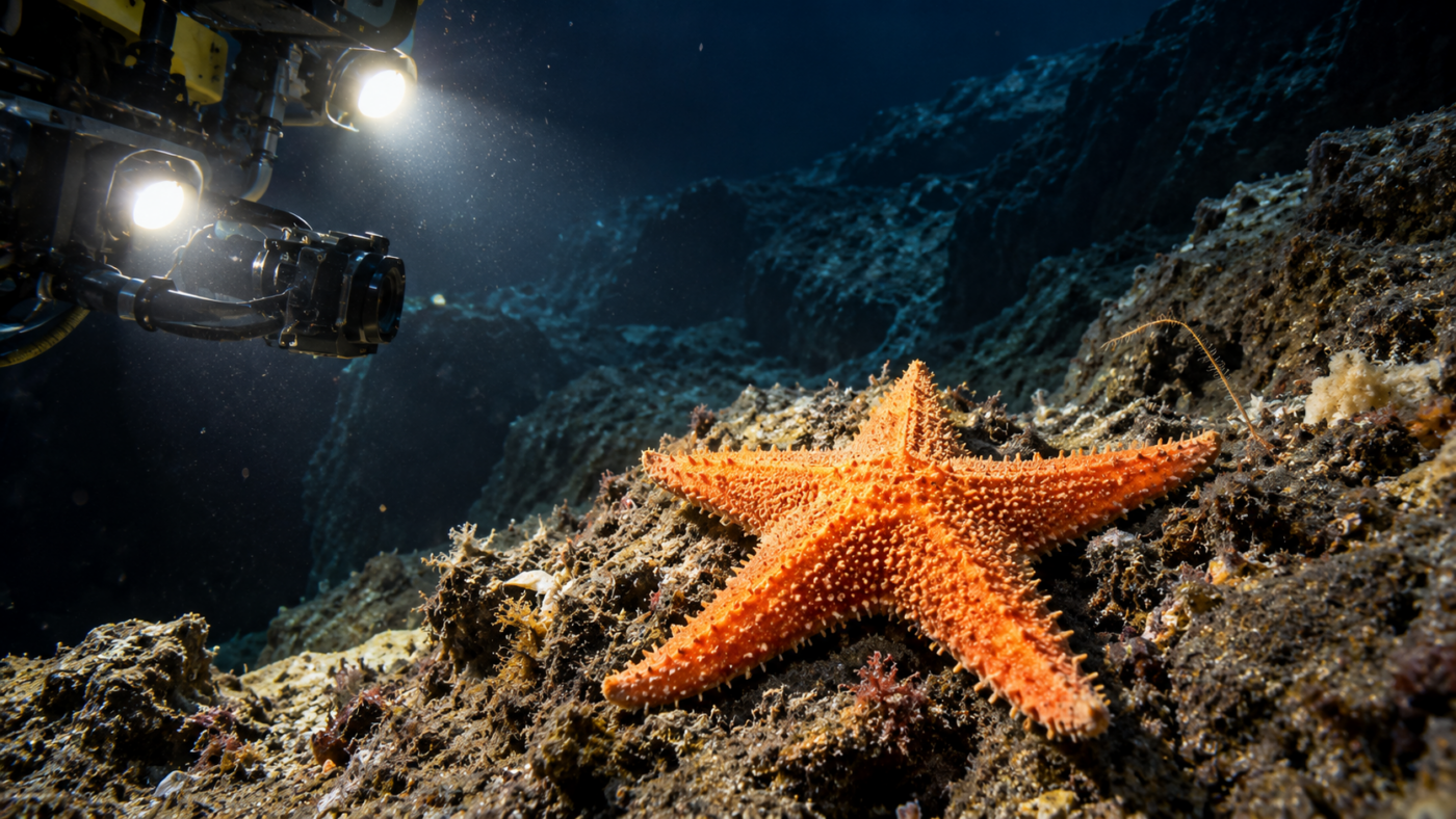 Une étoile de mer orange posée sur le fond rocheux d’un canyon sous-marin, éclairée par les projecteurs d’un robot