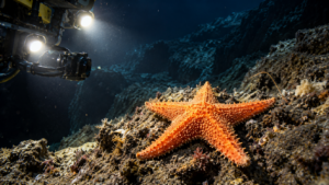 Une étoile de mer orange posée sur le fond rocheux d’un canyon sous-marin, éclairée par les projecteurs d’un robot