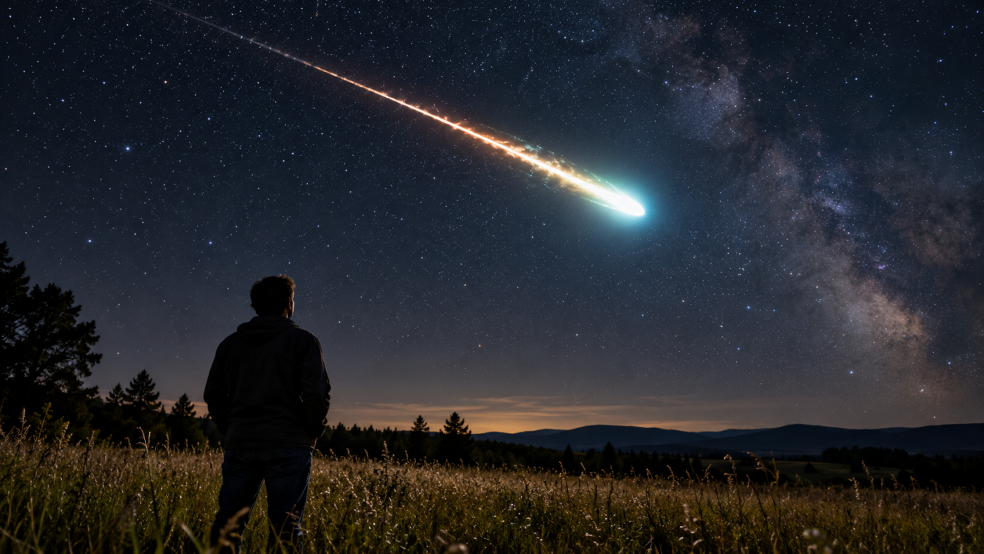 Un bolide lumineux traverse un ciel étoilé au-dessus d'une prairie, observé de dos par une personne immobile