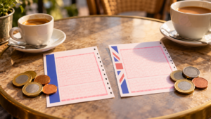 Deux bulletins de loterie posés côte à côte sur une table de café, des pièces en euros d’un côté et des pièces en livres sterling de l’autre