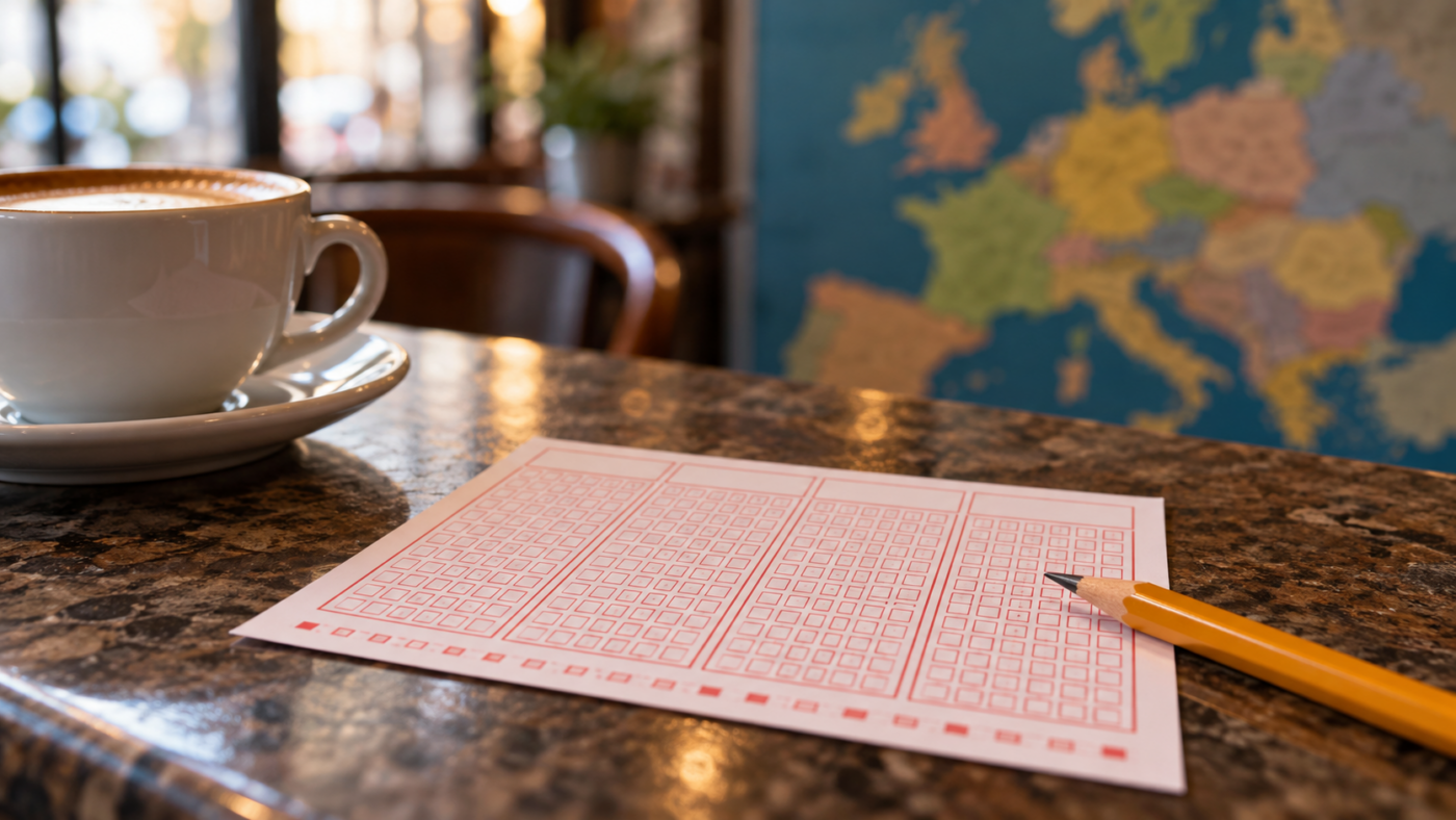 Bulletin de loterie vierge et crayon sur un comptoir de café, une carte d’Europe floue en arrière-plan
