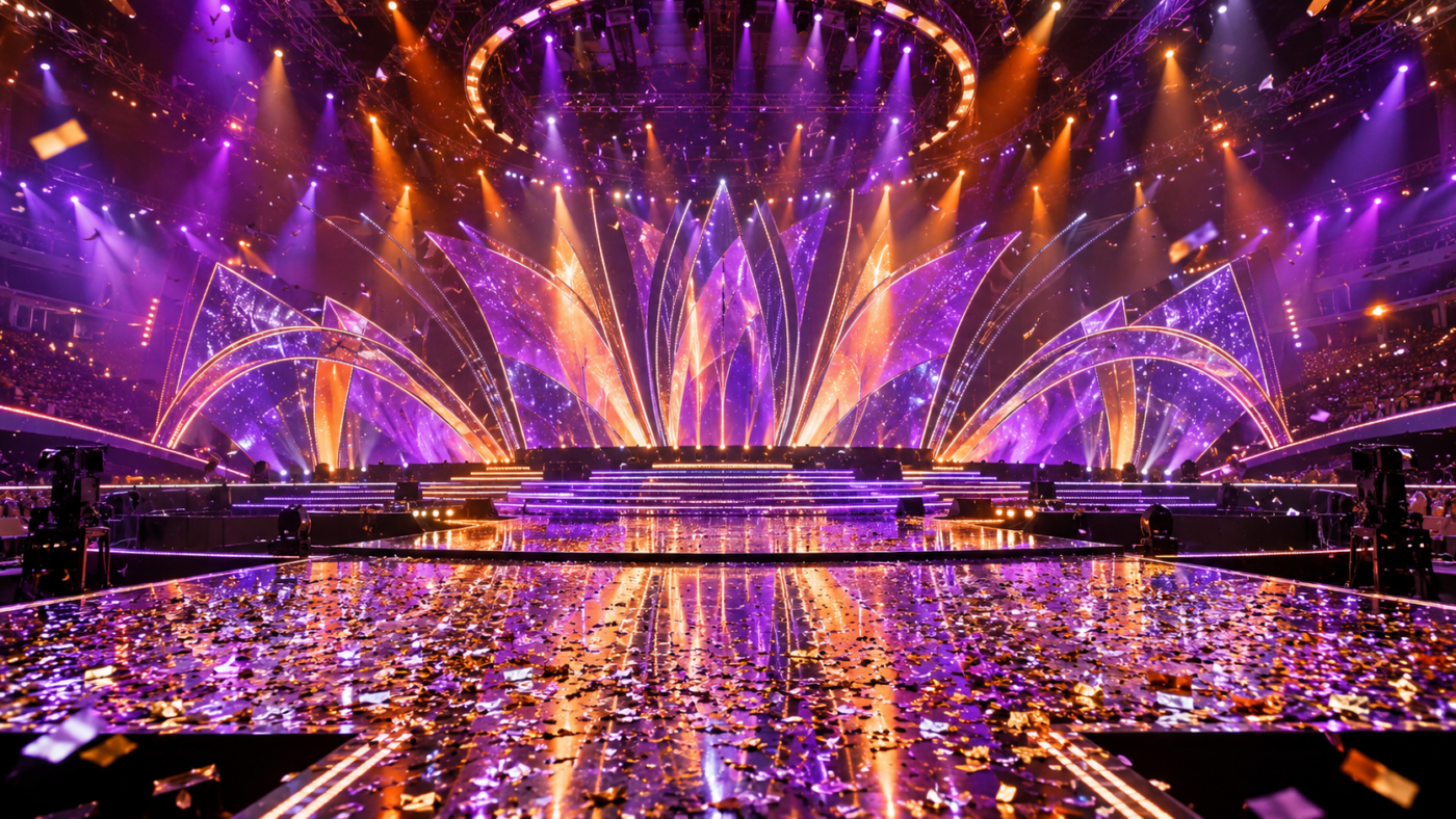 Une scène de concert vide, baignée de lumières violettes et orange, sous une pluie de confettis après une finale