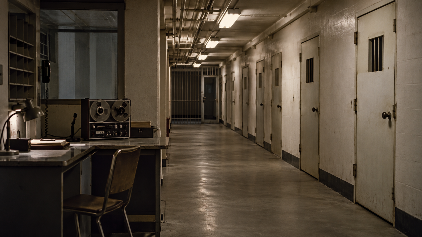 Couloir de sous-sol universitaire des années 1970 transformé en prison de fortune, avec un bureau de gardien vide et un magnétophone
