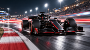 Une monoplace de Formule 1 lancée sur un circuit éclairé de nuit, traînées de lumière derrière elle