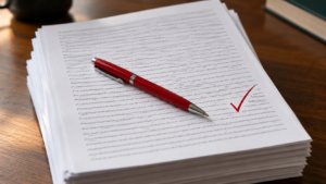 Pile de pages de manuscrit couvertes d’une même ligne répétée, un stylo rouge et une coche de validation posés dessus