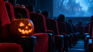 Salle de cinéma plongée dans le noir, fauteuils rouges éclairés par la lueur bleue de l’écran, une citrouille d’Halloween posée sur un accoudoir