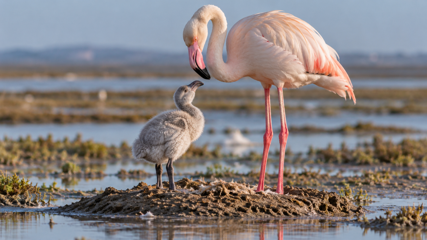 Un poussin de flamant au duvet gris se tient près d'un adulte rose pâle sur un nid de boue, dans un marais salant.