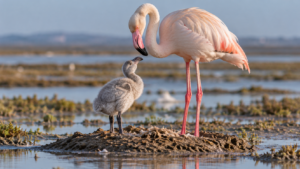Un poussin de flamant au duvet gris se tient près d'un adulte rose pâle sur un nid de boue, dans un marais salant.