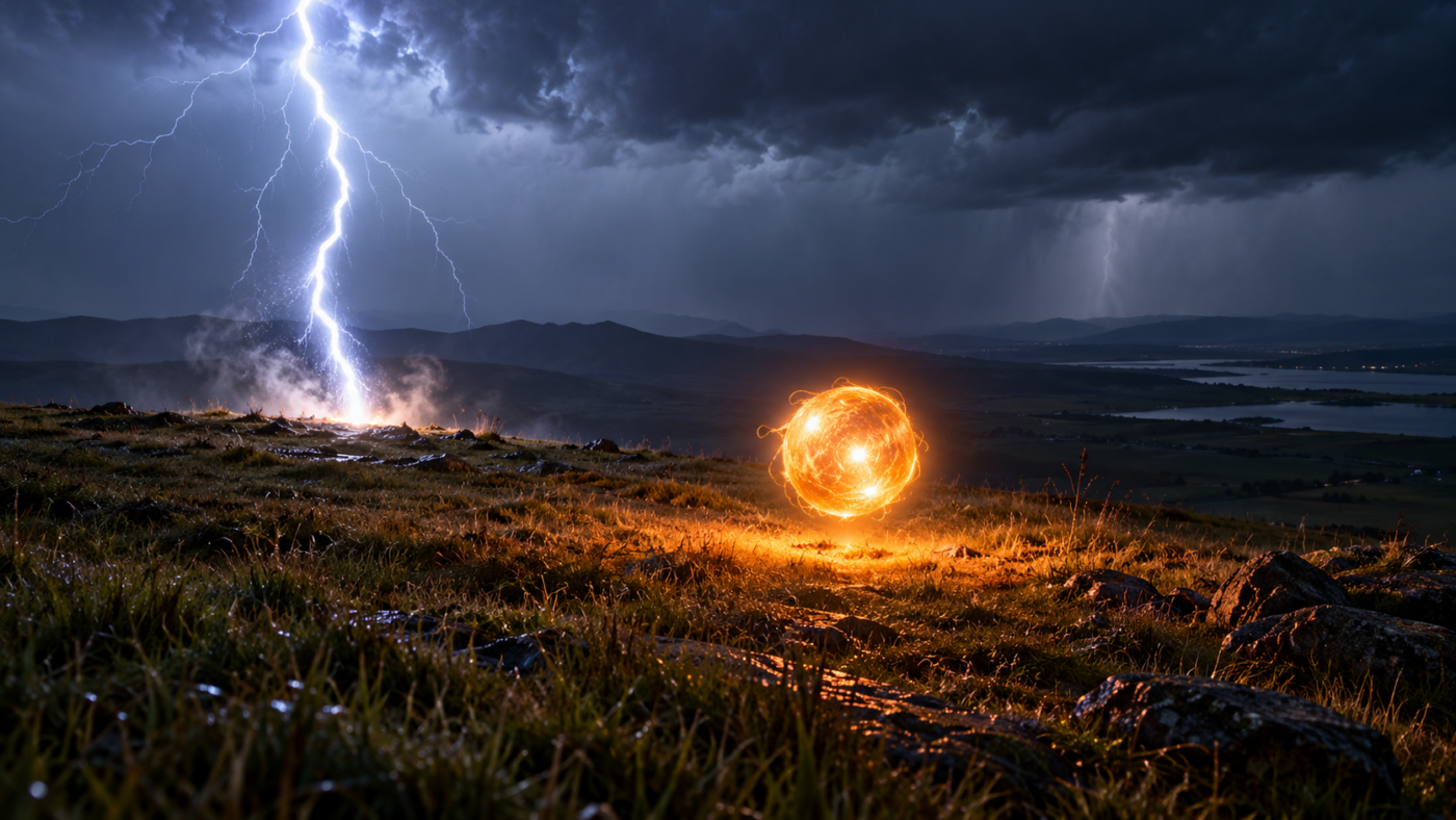 Une boule lumineuse orangée flotte au-dessus d'un plateau herbeux, près de l'impact d'un éclair, sous un ciel d'orage nocturne