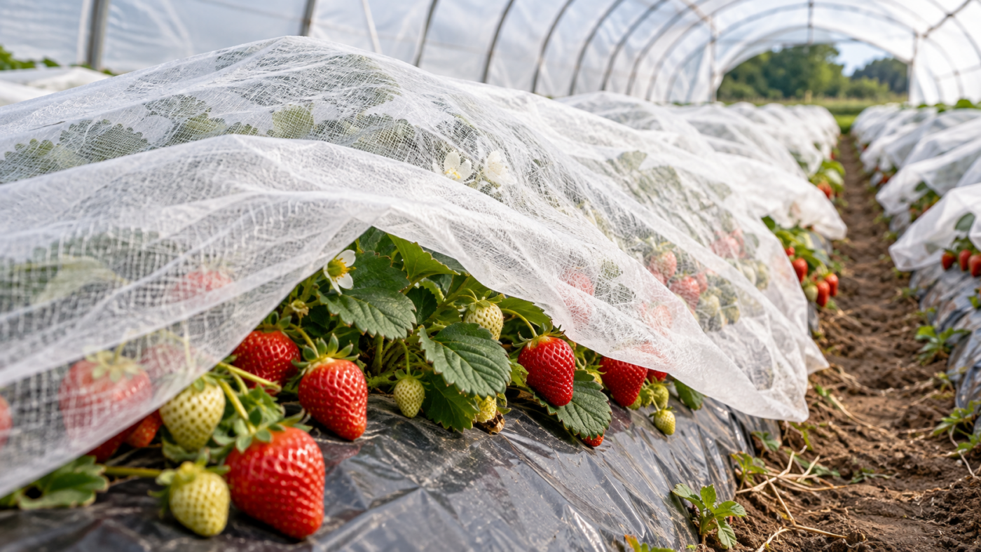 Des fraisiers couverts d’un tricot blanc translucide sous un tunnel maraîcher, fruits rouges visibles sous le tissu.