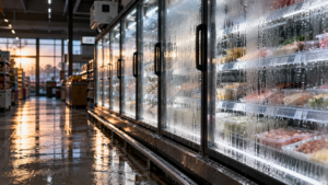 Rayon frais de supermarché au petit matin, givre fondu et gouttes d’eau sur les vitrines réfrigérées