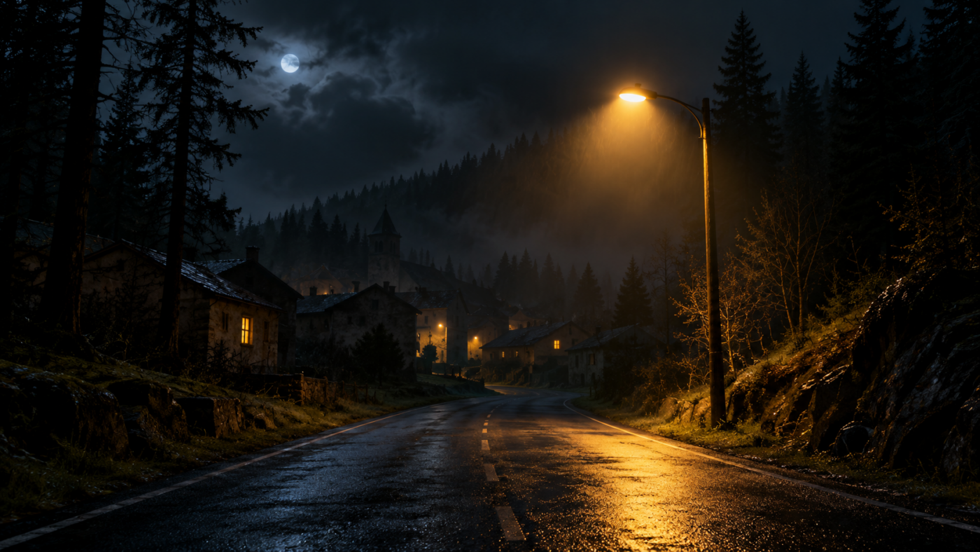 Une route déserte entre dans un petit village cerné par une forêt de pins, la nuit, sous un unique lampadaire
