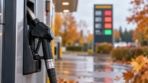 Pistolet de pompe à gazole raccroché dans une station-service en automne, affichage des prix flou