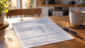 Un bulletin de paie posé sur une table de cuisine, à côté d’un stylo et d’une tasse de café, dans la lumière du matin.