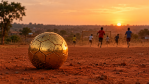 Un ballon doré posé sur un terrain de terre rouge au crépuscule, des enfants qui jouent au loin