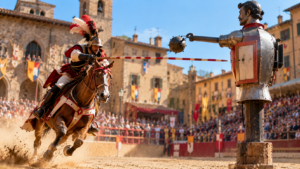 Un cavalier en costume galope lance baissée vers un mannequin de métal armé d’un fléau, sur une place toscane