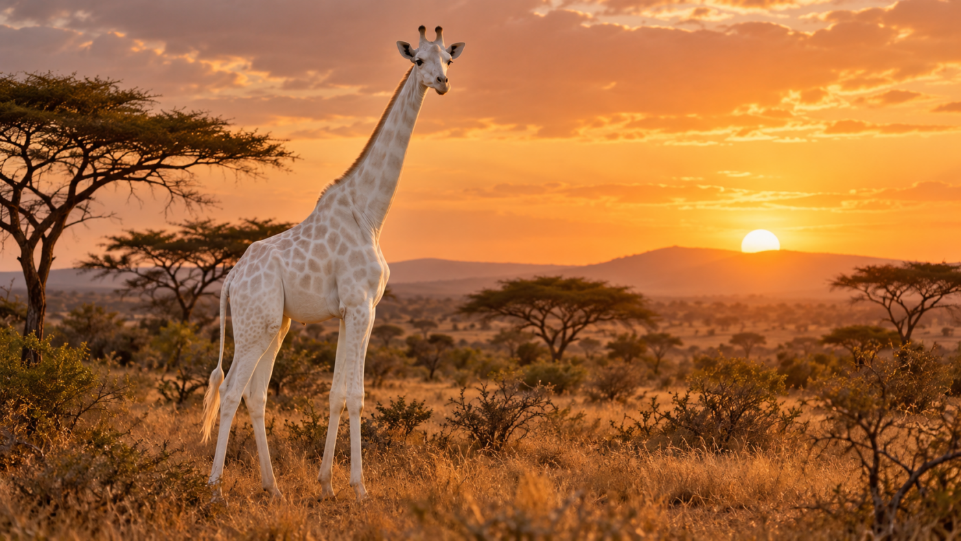 Une girafe presque entièrement blanche se tient seule parmi les acacias d’une brousse sèche, au soleil couchant.