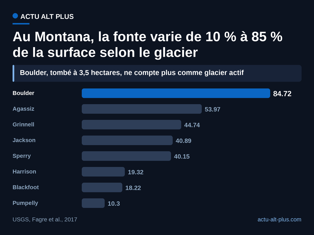 Sur un même massif, Boulder a perdu huit fois plus de surface en proportion que Pumpelly entre 1966 et 2015 : exposition, altitude, avalanches et lacs de fonte font la différence. Huit glaciers photographiés par l'USGS, sur les 37 nommés du parc.