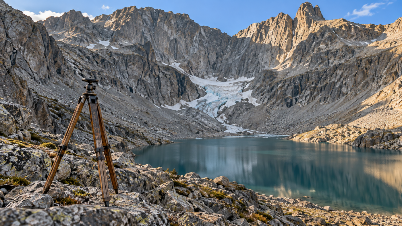 Cirque de haute montagne en fin d'été, petit reste de glacier au pied des falaises, lac de fonte et trépied d'appareil photo ancien au premier plan