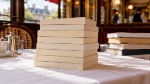 Huit romans aux couvertures crème empilés sur une nappe blanche de brasserie parisienne, une seconde pile de livres écartée sur le côté.