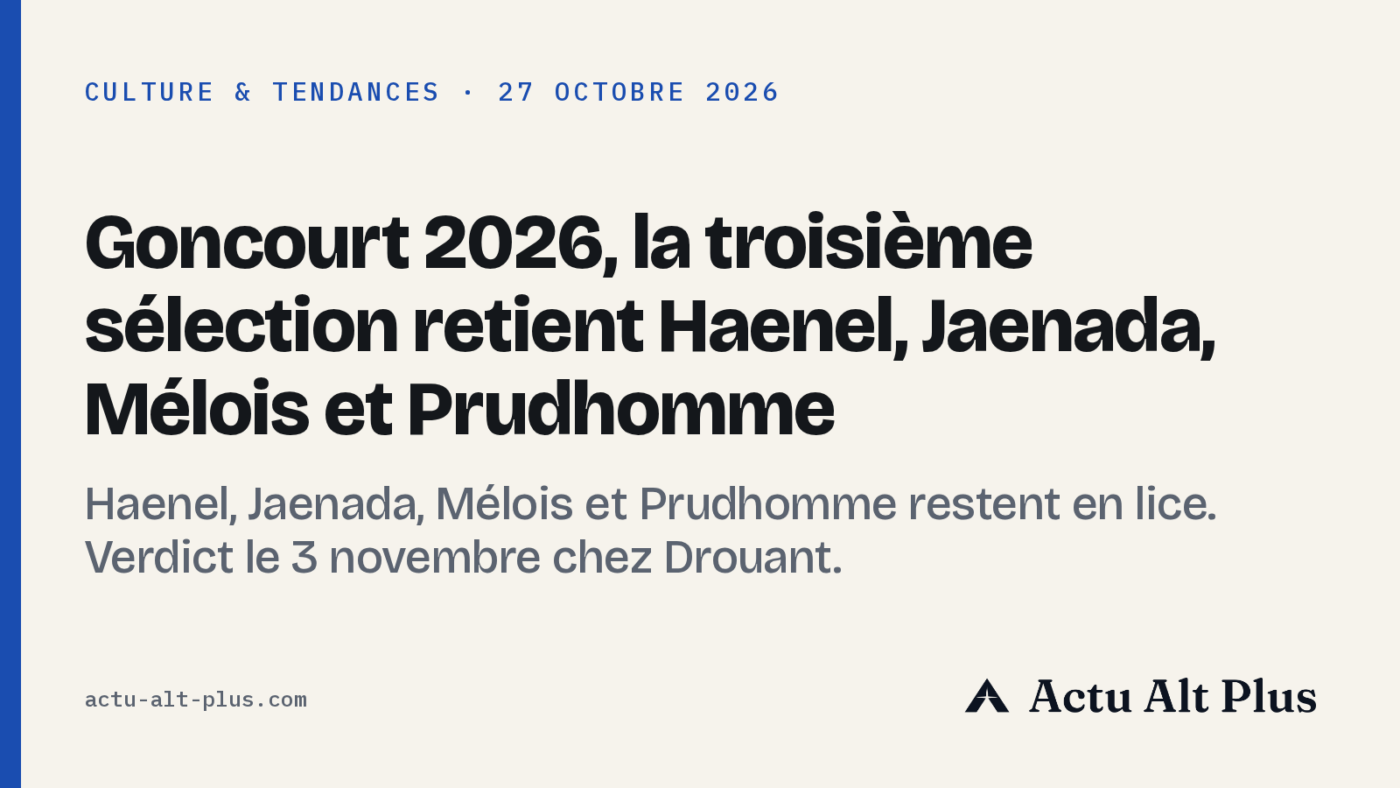 Carte Actu Alt Plus : Goncourt 2026, la troisième sélection retient Haenel, Jaenada, Mélois et Prudhomme