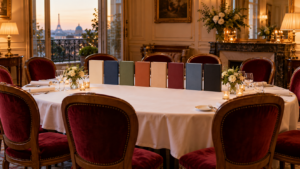 Une table nappée de blanc dans un salon de restaurant parisien, huit romans alignés devant dix chaises vides.