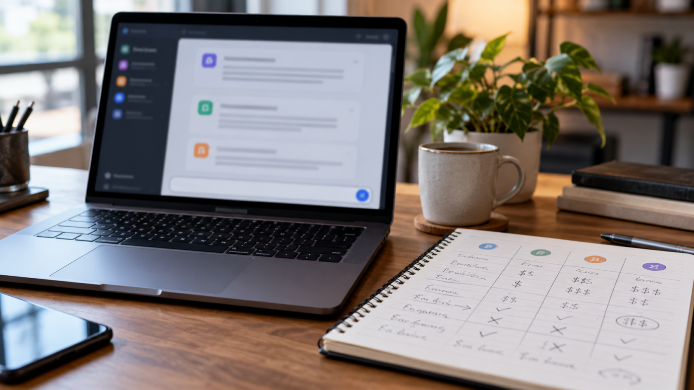 Un ordinateur portable ouvert sur une interface de discussion floue, à côté d’un carnet couvert de colonnes de prix