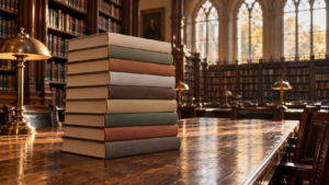 Une pile de dix romans aux couvertures vierges sur une longue table de bois sombre, dans une bibliothèque aux fenêtres en arc, chaises vides autour.