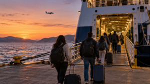 Des voyageurs de dos tirent leurs valises vers la passerelle d’un ferry à quai, un avion à hélices passe au loin dans le ciel du soir