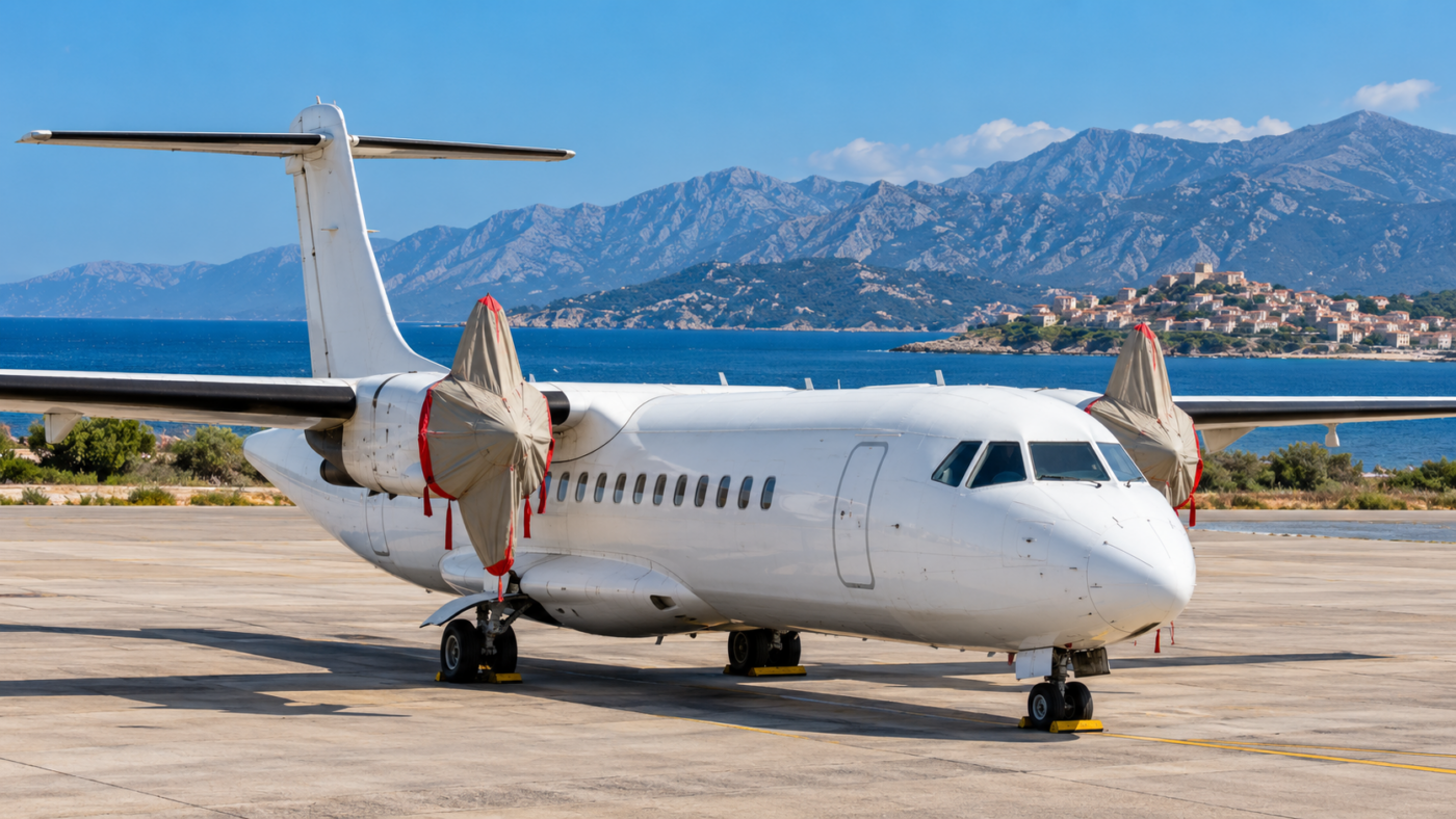 Un avion à hélices régional stationné sur le tarmac d’un aéroport méditerranéen, moteurs bâchés, montagnes en arrière-plan