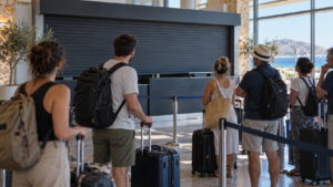 Voyageurs avec valises devant un comptoir d’enregistrement fermé dans un petit aéroport insulaire.
