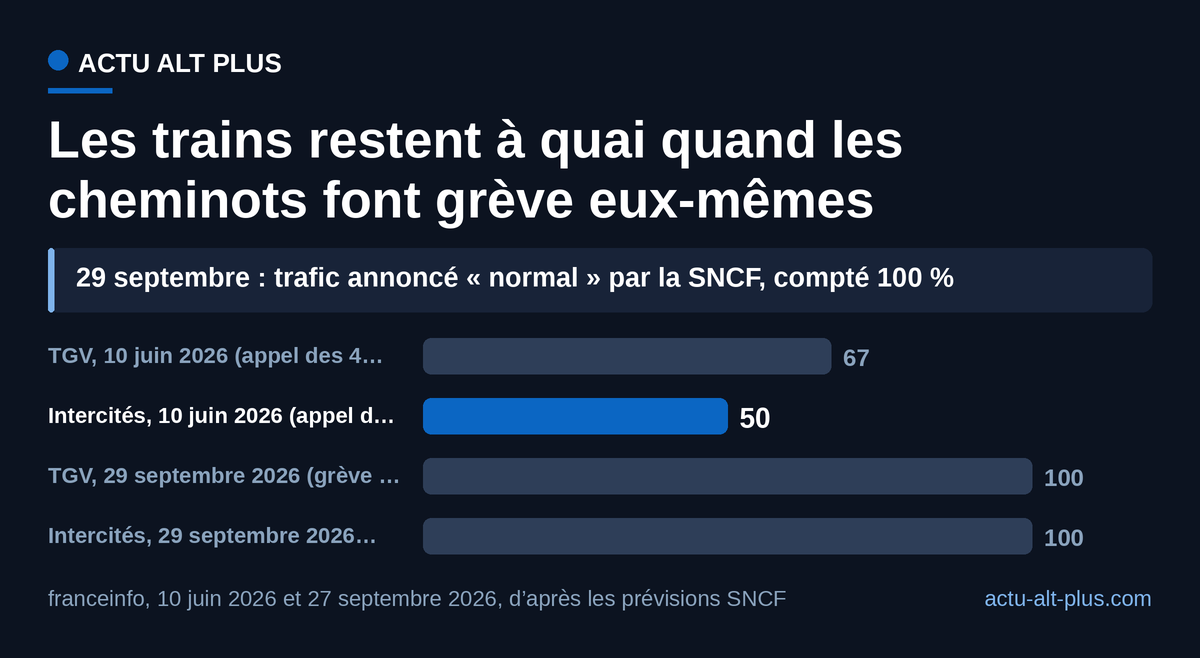 Grève des cheminots le 10 juin 2026 : deux TGV sur trois roulaient. Grève des fonctionnaires le 29 septembre : trafic normal.