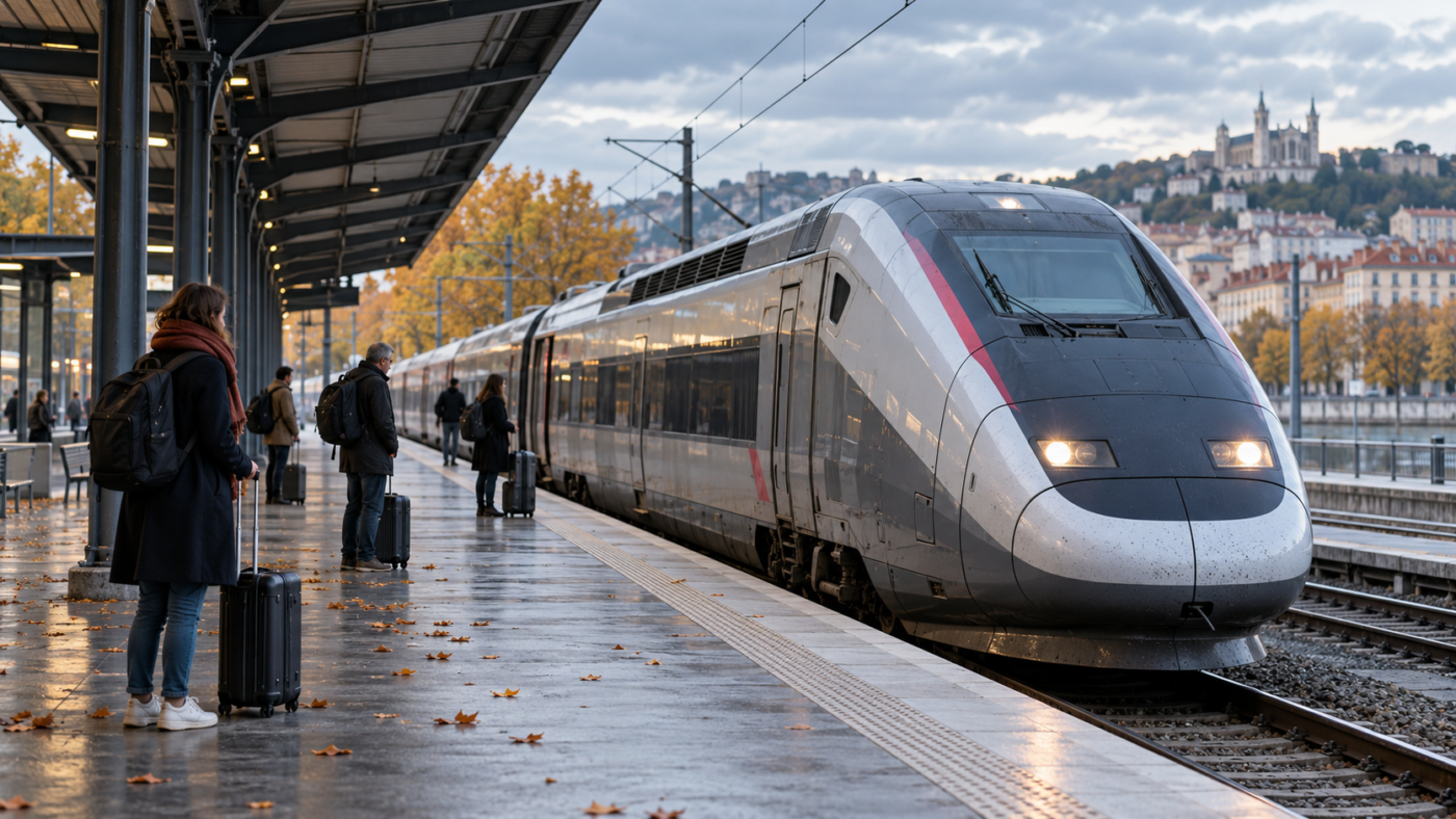 Quai de gare clairsemé devant un TGV à l’arrêt, quelques voyageurs avec leurs valises un matin d’automne