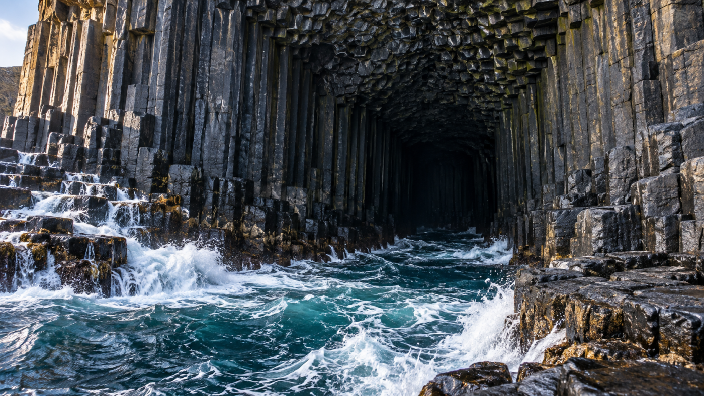 Entrée d’une grotte marine encadrée de hautes colonnes de basalte hexagonales, la houle de l’Atlantique s’engouffrant sous la voûte