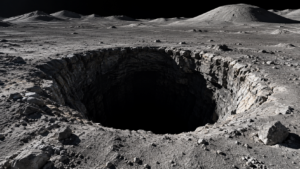 Un trou sombre presque circulaire d’une cinquantaine de mètres ouvert dans une plaine lunaire grise, entouré de dômes volcaniques bas, sous une lumière rasante.
