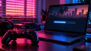 Une manette posée près d’un ordinateur portable qui affiche un téléchargement, sous une lumière rose et bleue filtrée par des stores.
