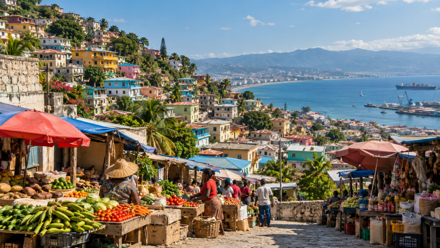 Quartier de maisons colorées à flanc de colline au-dessus d'une baie des Caraïbes, étals de marché au premier plan