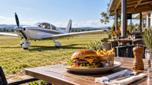 Un avion léger garé sur l’herbe d’un petit aérodrome, devant la terrasse d’un restaurant où attend un hamburger