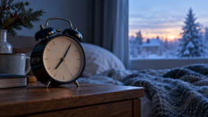 Réveil analogique sur une table de nuit en bois, dans la lumière bleutée d’une aube d’hiver