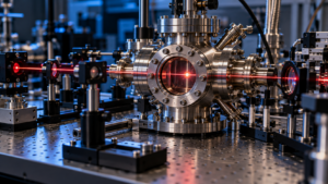 Une table optique de laboratoire avec une enceinte à vide en acier traversée par un fin faisceau laser