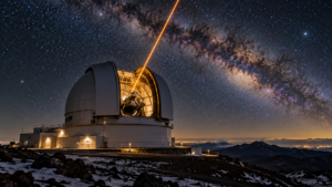 Coupole d’un grand télescope ouverte de nuit sur un sommet volcanique, un faisceau laser monte vers un ciel saturé d’étoiles.