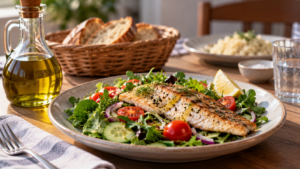 Une assiette de salade et de poisson grillé au premier plan, un flacon d'huile d'olive, la corbeille de pain repoussée au fond de la table