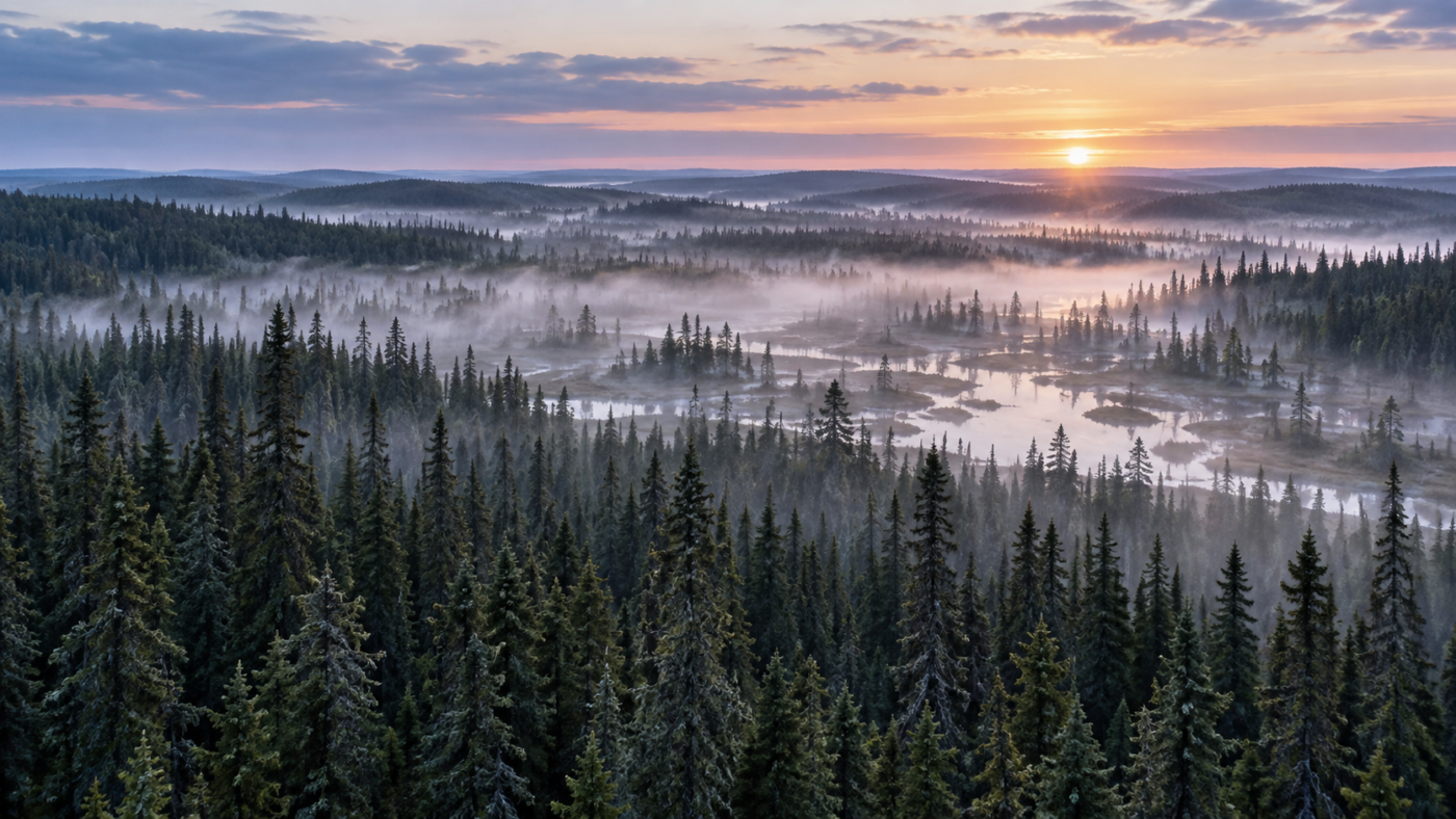 Forêt boréale d’épinettes noires à perte de vue, brume basse sur une tourbière à l’aube
