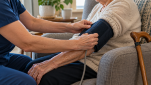 Les mains d’un soignant posent un brassard de tension sur le bras d’une personne âgée assise, une canne appuyée contre la chaise.