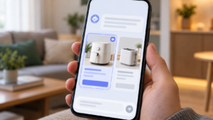 Une main tient un smartphone où une conversation avec un assistant met en avant l’un de deux produits