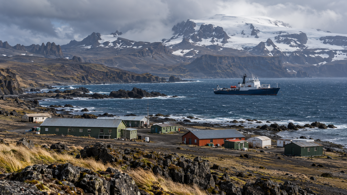 Une petite base scientifique aux bâtiments bas, au bord d'une baie battue par le vent, collines volcaniques et sommet enneigé au loin, un navire ravitailleur au mouillage
