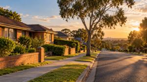Rue résidentielle de banlieue australienne, maisons de brique basses et trottoir vide sous une lumière de fin d’après-midi.